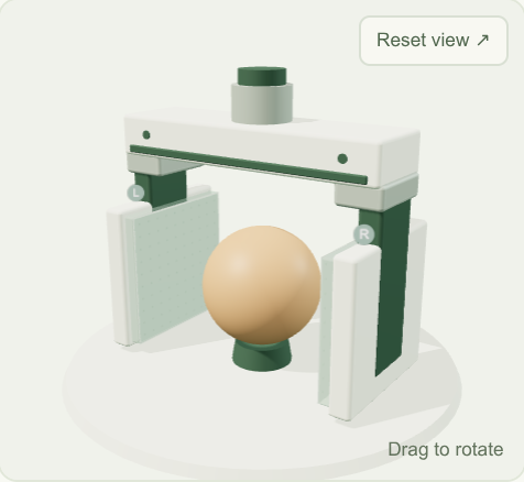A three-dimensional parallel-jaw gripper with open fingers around a sphere. No contact is present.